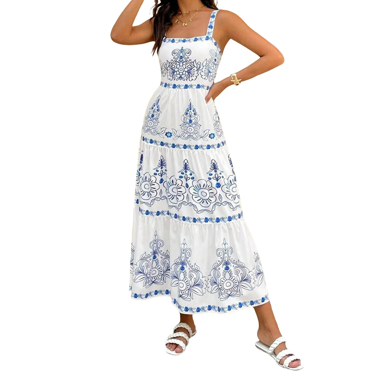 Cyflymder  Women s Ruffled Maxi Dress Sleeveless Boho Floral Print A-Line Dress Summer Flowy Beach Dress with Tiered Hem