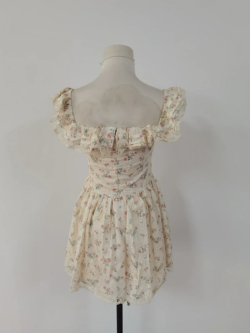 Cyflymder  French Style Hot Girl Floral Dress Women's Spring Lace Slim Fit Square Collar Strap A-line Short Dress Fashion Female Clothes