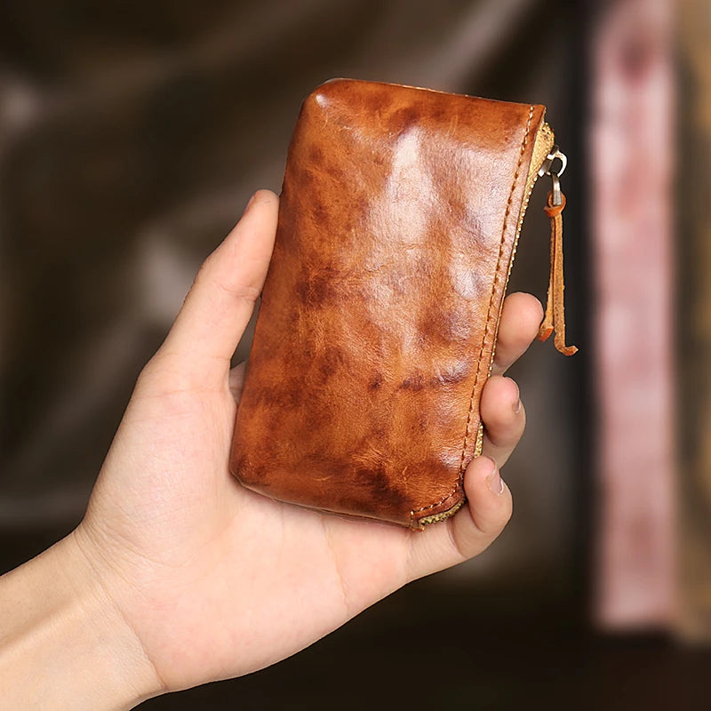 Cyflymder Handmade Original Genuine Leather Short Coin Purse Wallet Male Zipper Simple Mini Small Purse Key Bag Coin Wallet Card Bag