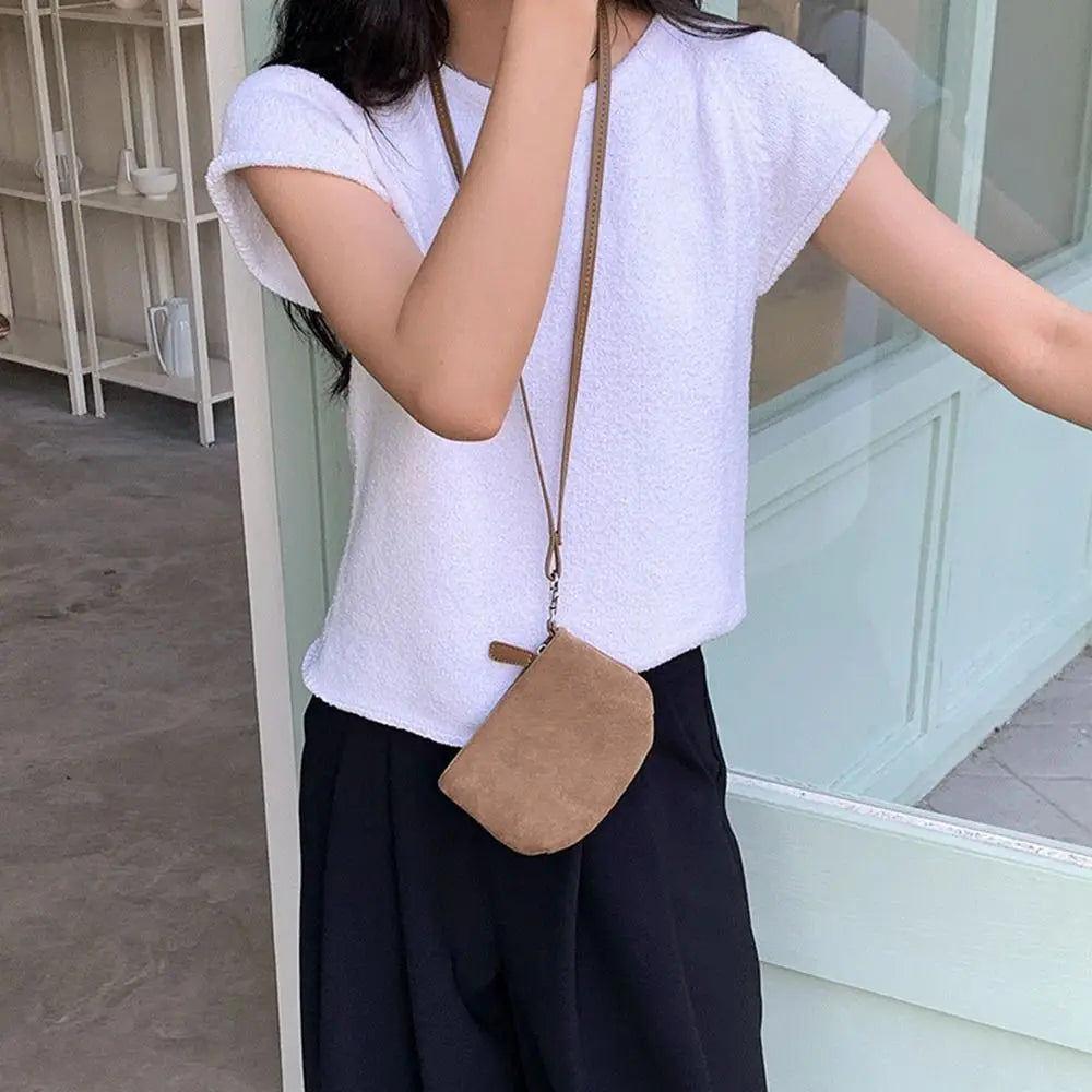 Cyflymder  PU Leather Suede Coin Purse Shoulder Bag Lipstick Earphone Pouch Mini Storage Bag Purse Card Holder Lanyard Wallet Outdoor
