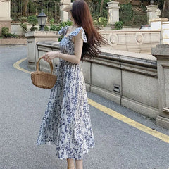 Cyflymder  Broken Flowers Flying Sleeve Dresses Women's Clothing Vintage Printed Summer French Style Square Collar Stylish Folds Long Dress