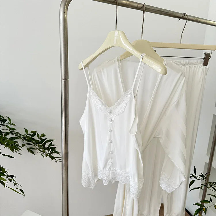 Cyflymder  Sexy Lace Trim Women Pajama Set 3PCS Faux Silk Robe Sleeveless Top Long Pant HomeWear Spring Summer Nightwear Elegant Loungewear