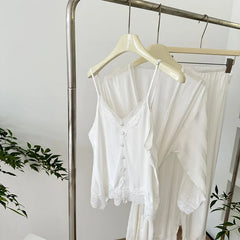 Cyflymder  Sexy Lace Trim Women Pajama Set 3PCS Faux Silk Robe Sleeveless Top Long Pant HomeWear Spring Summer Nightwear Elegant Loungewear