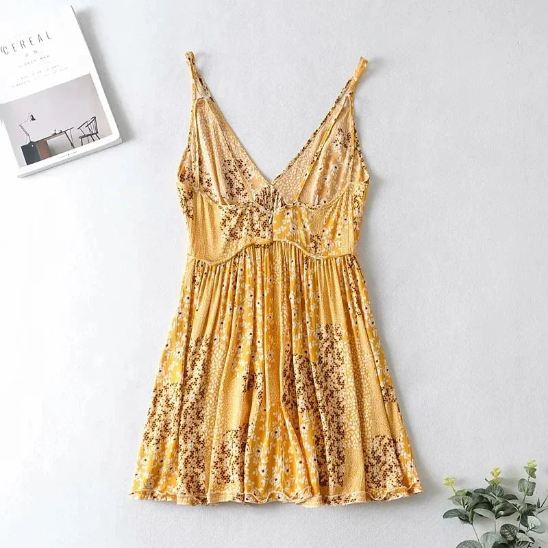 Cyflymder  Yellow Floral Mini Dress Summer New Vintage Sexy Strappy Women Dress Sleeveless Ruffles V-neck LadiesFemale Dress New