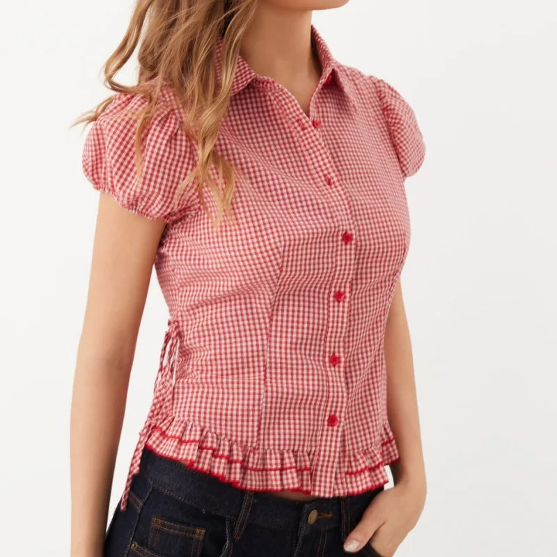 Cyflymder  Cute Y2k Red Plaid T-shirt Blouse Woman Side Tie up Lapel Collar Short Cap Sleeve Slim Shirts Sweet Preppy Style Crop Tops