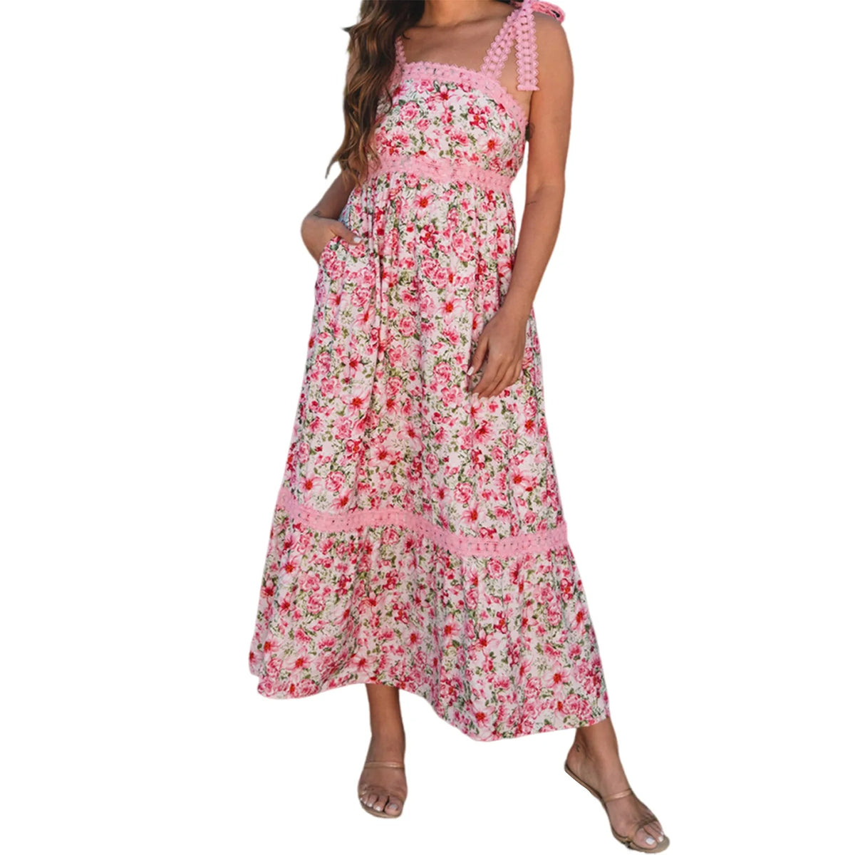 Cyflymder  Elegant Maternity Dress with Floral Print Lace Details Tie Shoulders Backless Design Tiered Ruffles and Pockets
