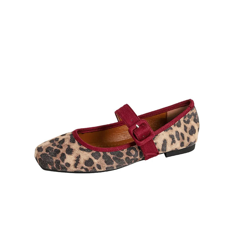 Cyflymder  Mary Jane Flat Bottom Shoes Spring New Style Leopard Print Single Strap Korean Style Women's Low Heel Velvet Surface