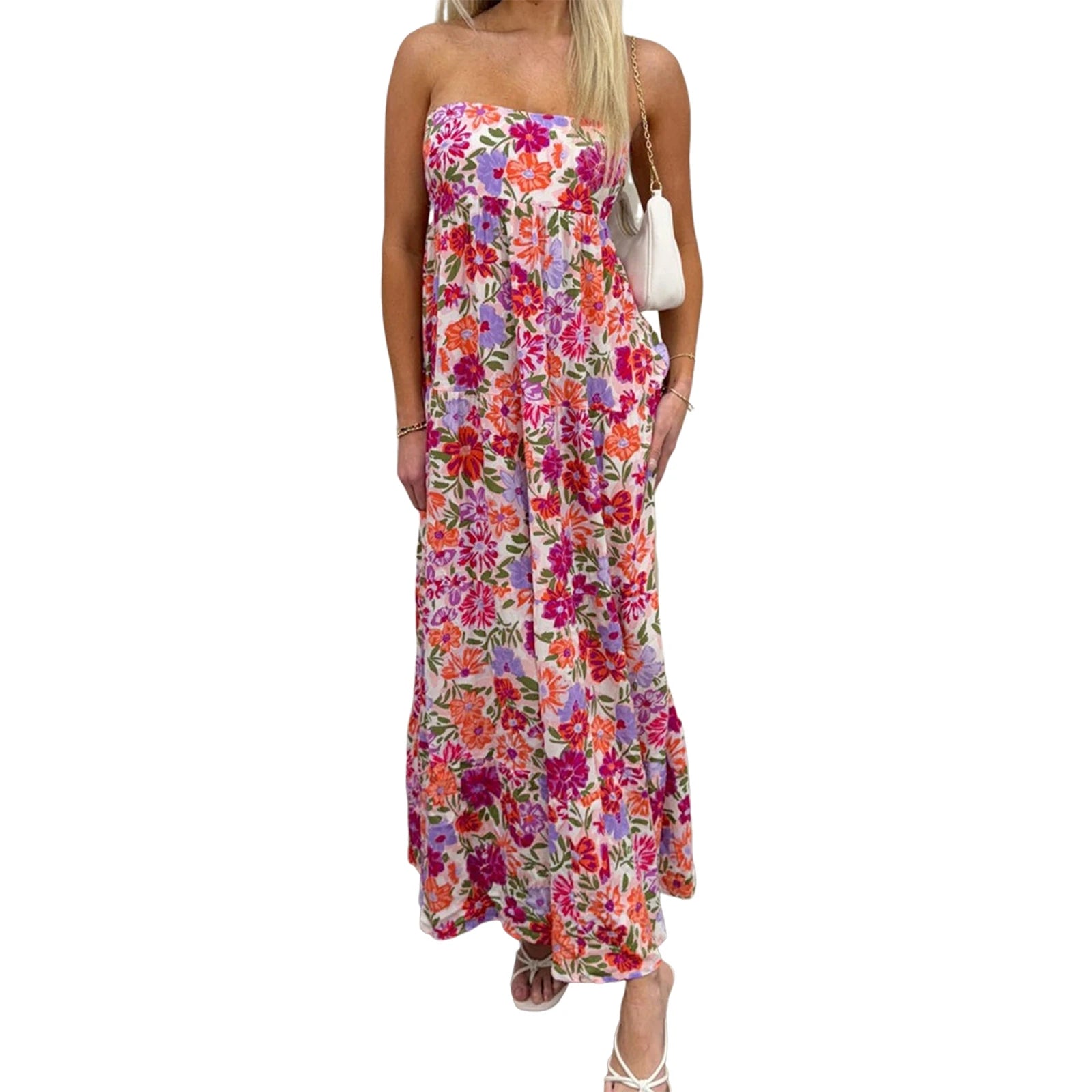 Cyflymder  Elegant Off-Shoulder Maxi Dress with Boho Floral Print and Lace-Up Back Detail for Summer Wedding Party or Vacation Beachwear