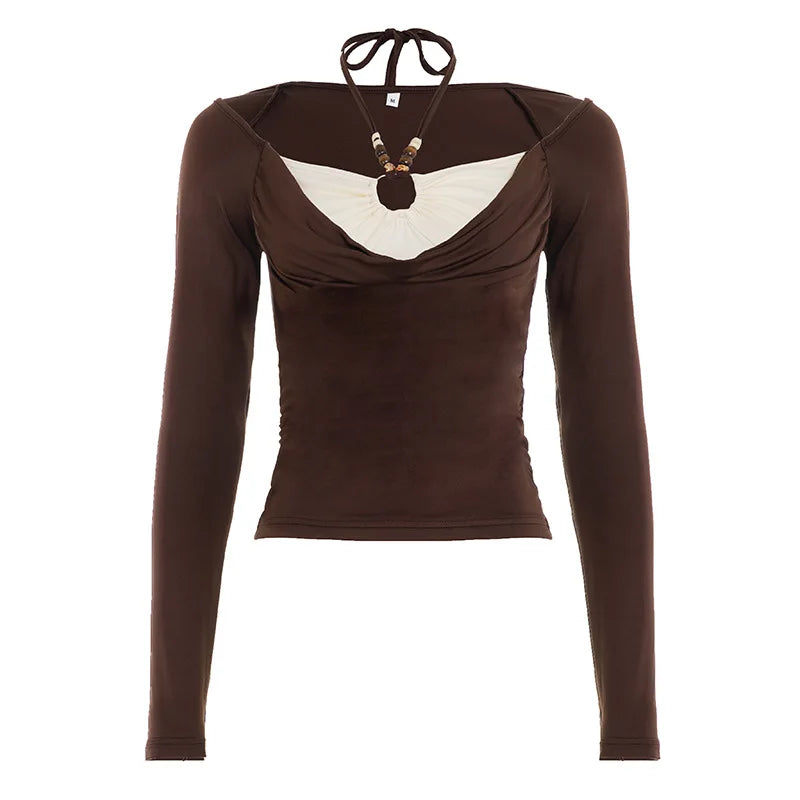 Cyflymder  Y2k Slim American Retro Halter Long Sleeve Patchwork Fake Two Piece T-Shirts