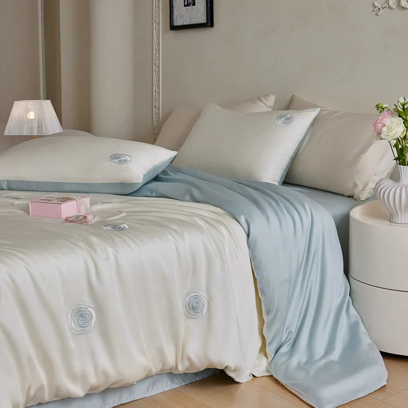 Cyflymder  High-End 100% Tencel Skin-Friendly Bedding Sets Luxury Embroidery Cooling Comforter Set Smooth Ultra Soft Bed Linens for Summer