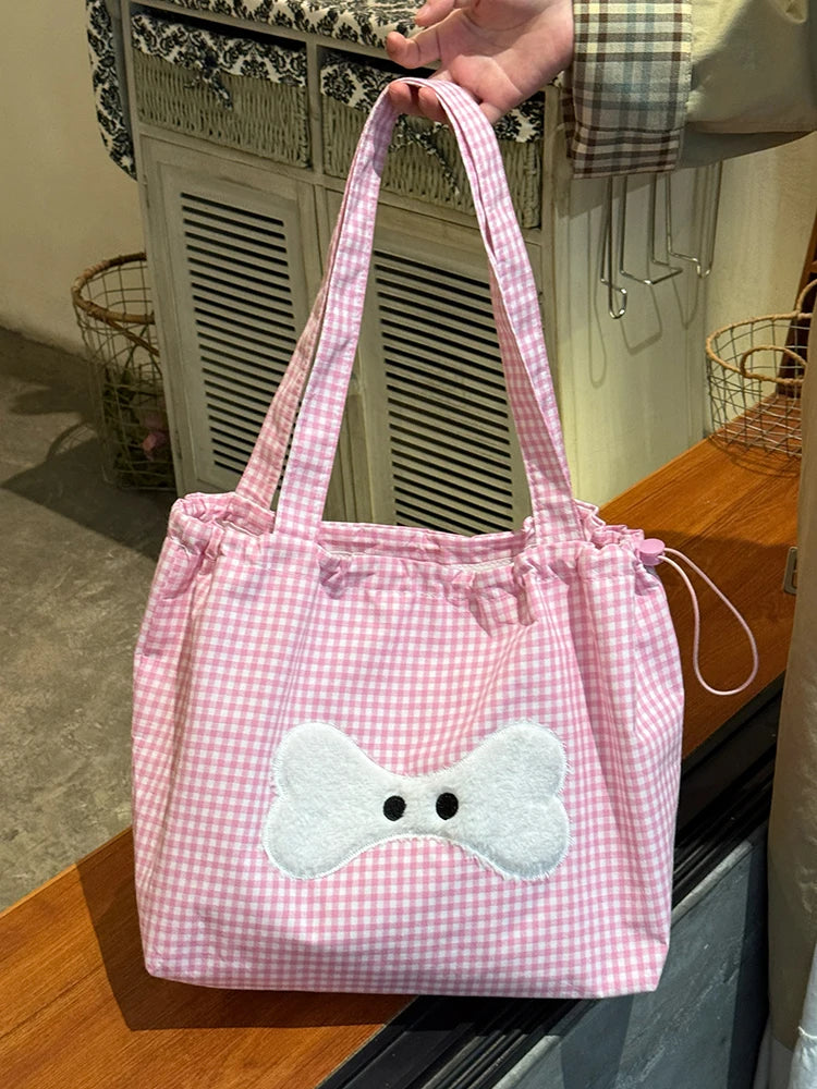 Cyflymder  Sweet Y2k Aesthetic Kawaii Plaid Shoulder Bags All Match Women Drawstring Casual Handbags New Fashion Grunge Canvas Underarm Bag