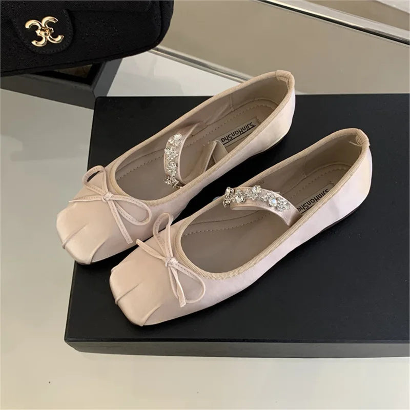 Cyflymder  Summer Shoes Ladies Female Footwear Crystal Casual Sneaker Bow-Knot Shallow Mouth Ballerinas Woman 2025 Square Toe Dress Rhinest