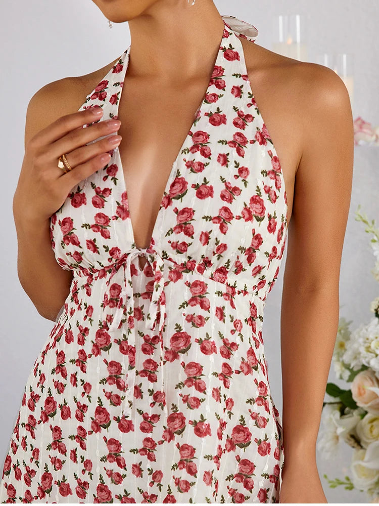 Cyflymder  Halter Backless Print Floral Mini Dress V-Neck Tie Up Fashion Casual Party Short Dresses Rose Summer Woman Clothing