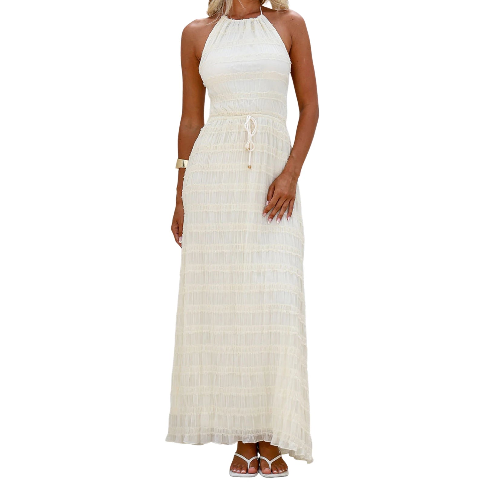 Cyflymder  Elegant V-Neck Maxi Dress with Ruffle Detail and Adjustable Waist Tie Sleeveless Summer Beach Dress for Women