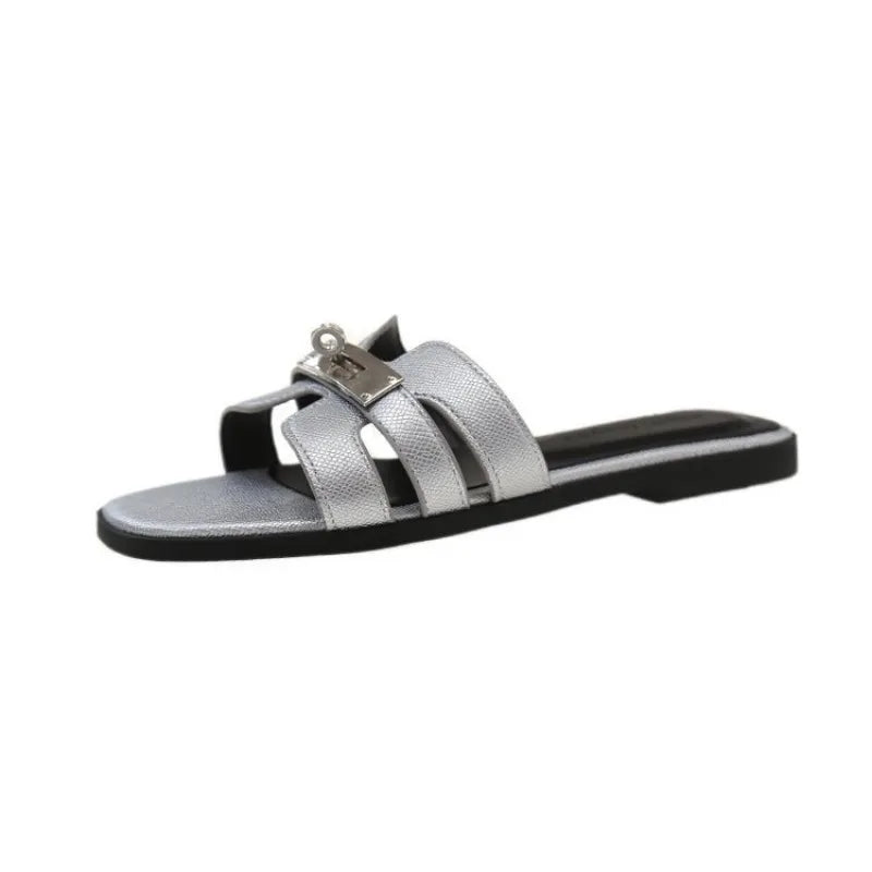 Cyflymder  Women's Flat Shoes Barefoot Outside Woman Pu Cross Belt Slippers Women Metal Decoration Sandals Summer Ladies Fashion Shoe