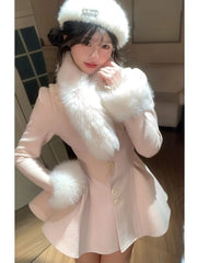 Cyflymder  Coquette Sweet Elegant Woolen Mini Dress Set Women Fur Trim Collar Cuff Ruched Button Slim Fit Shorts Dress Elegant Party Outfit