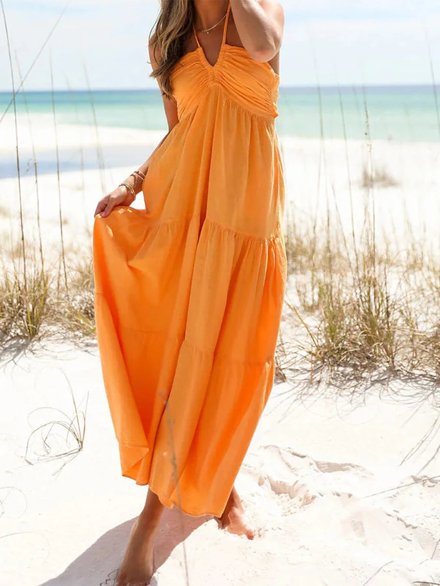 Cyflymder  Elegant Sleeveless V-Neck Maxi Dress with Floral Print and Ruffle Hem for Summer Beach Wedding Party Vacation Wear