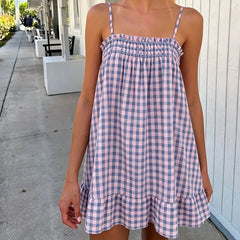 Cyflymder  Women Gingham Plaid Mini Dress Smocked Ruffle Loose Flowy Sundress Coquette Summer Beach Vacation Casual Shift Dress