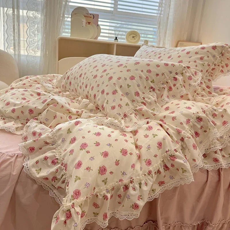 Cyflymder  100% Cotton Vintage Countryside Rose Floral Lace Ruffles Duvet Cover Set Bed Skirt Or Bed Sheet Pillowcases Girls Bedding Set