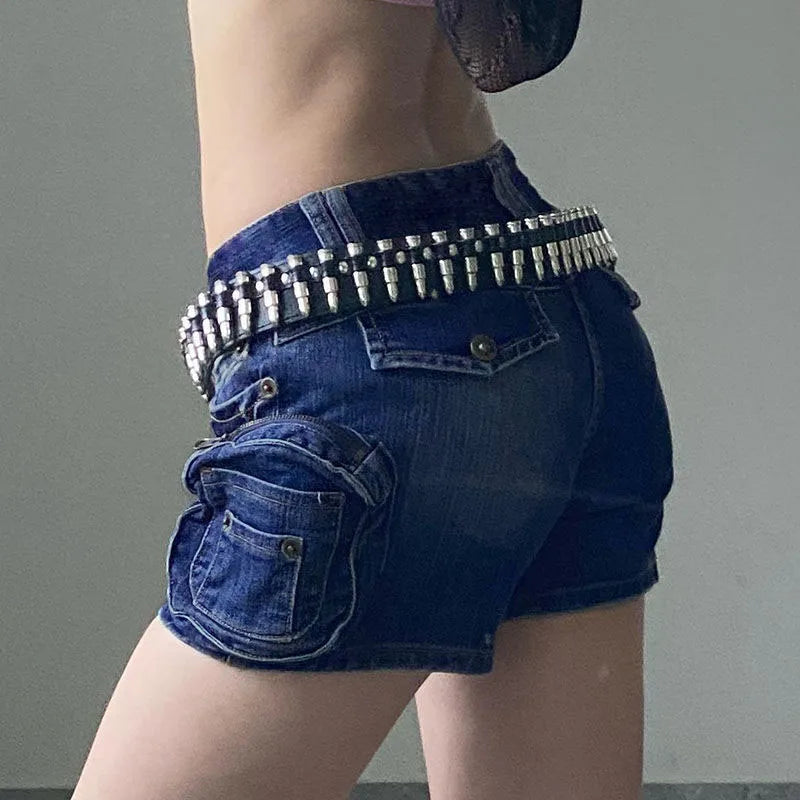Cyflymder  Motorcycle Style 3D Pockets Ultrashort Jeans Women Sexy Low-Waisted Tight Denim Shorts Woman Streetwear Trendy Y2K Jean Shorts