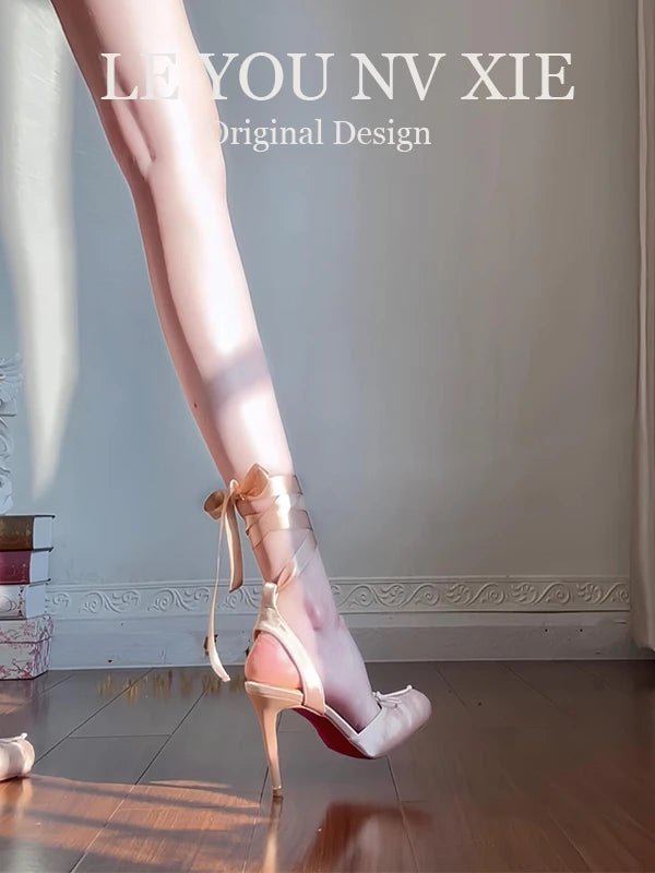 Cyflymder  Red Sole Satin Ballet Girl  Knot Head Cover Sandals High Heels Design Pig Nose Faionable Commute Low Help Footwear