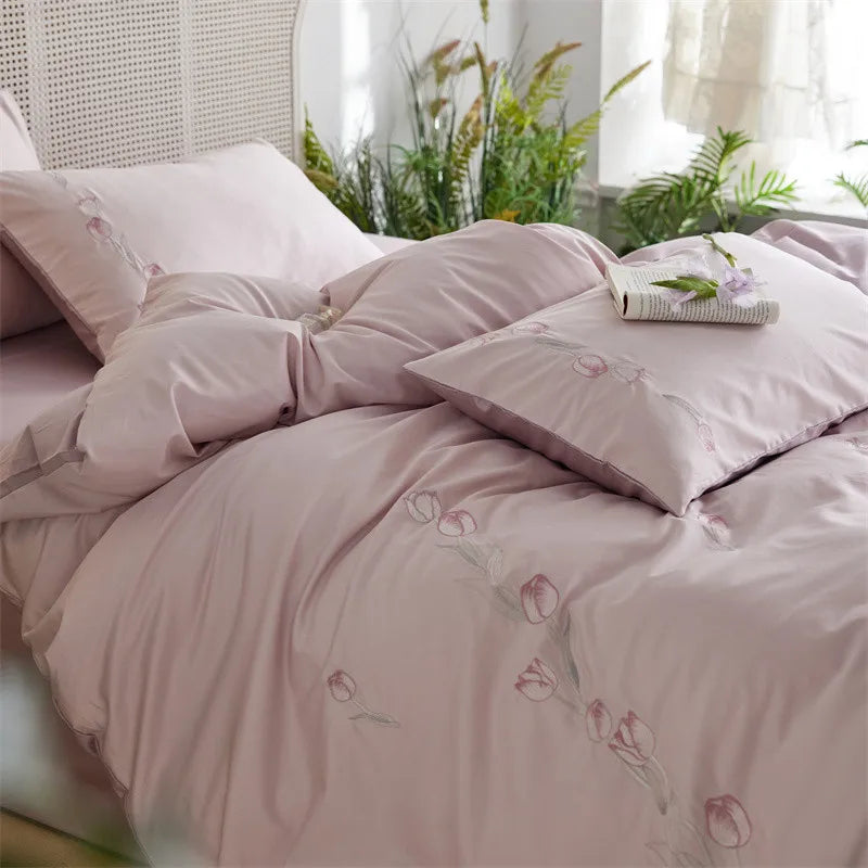 Cyflymder  Long-staple Cotton Floral Blossom Embroidery Comfortable Ultra Soft (1Duvet Cover+1Flat Bedsheet/Fitted Bedsheet+ 2Pillowcases)