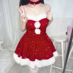 Cyflymder Christmas Costumes Christmas Dress Up Glitter Adult Christmas Clothes Strapless Clothing Set Halloween Carnival Outfit