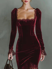 Cyflymder  Women's Elegant Velvet Lace Trim Evening Dress Claret Square Collar Bell Sleeve Sexy Sheer Embroidered Hem Bodycon Party Dresses