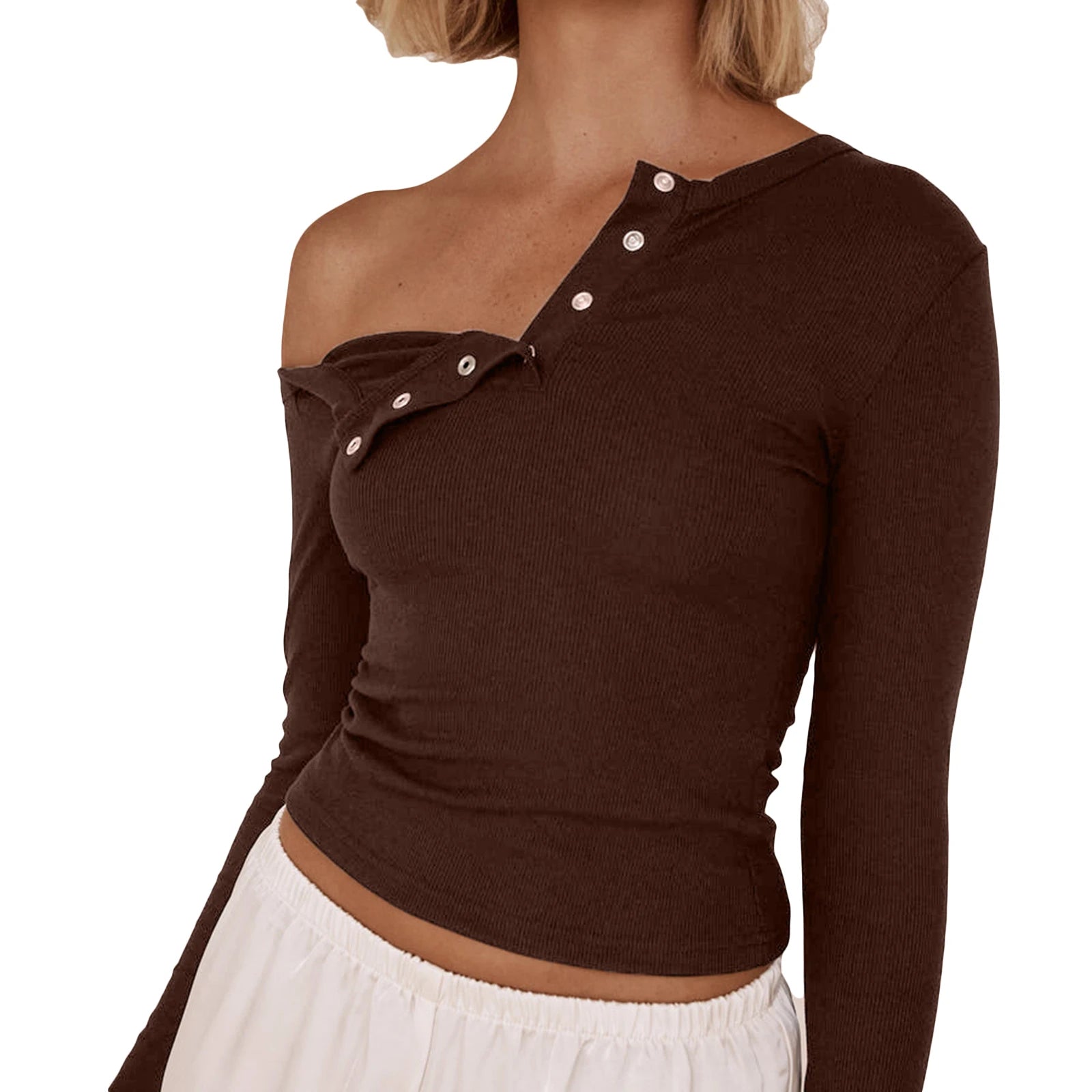 Cyflymder  Solid Color Long Sleeve Basic T-Shirts Women Buttons Oblique Shoulder Casual Shirts Fall Slim Fit Crop Tops Streetwear