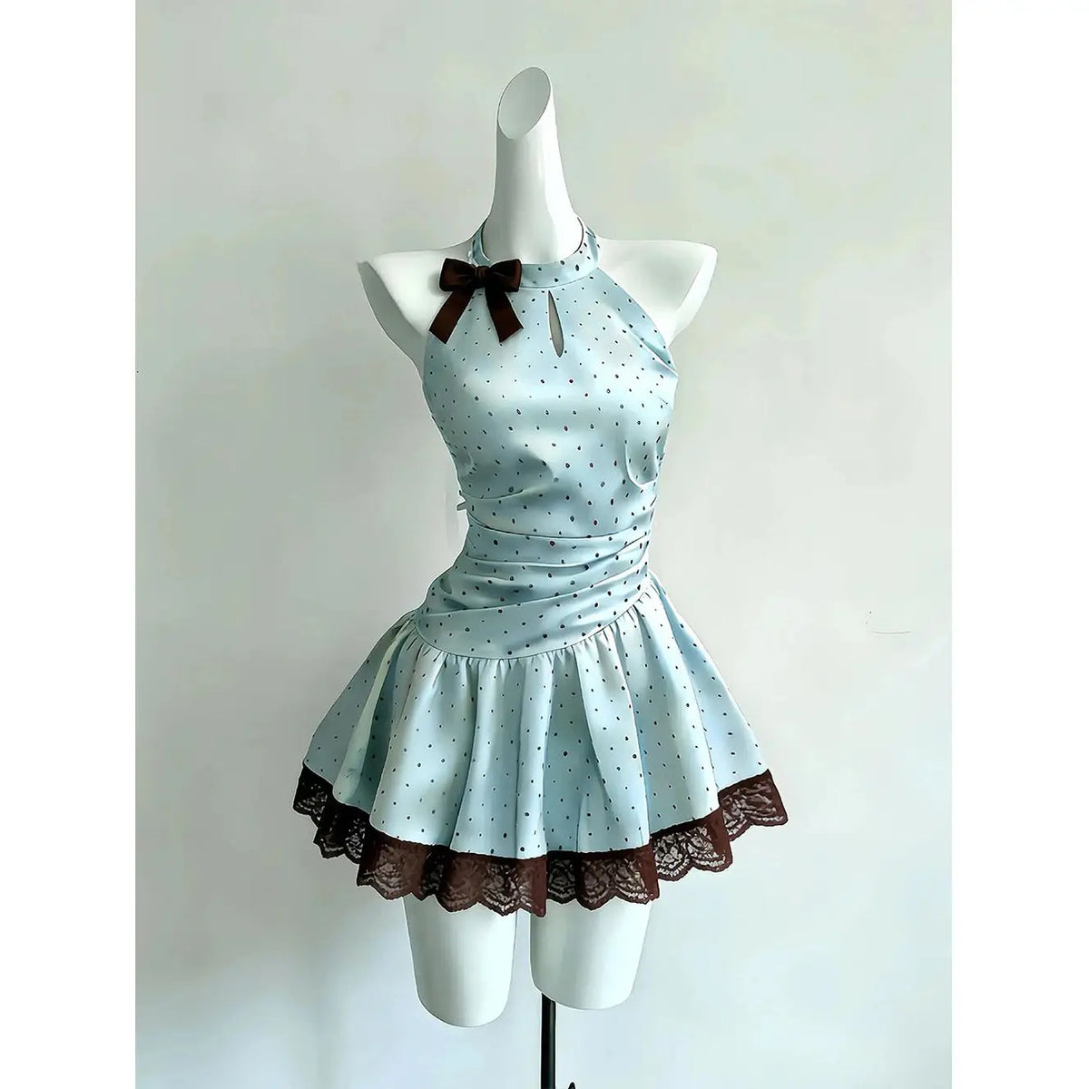 Cyflymder  Korean mint green halterneck dress summer resort style lace spliced short skirt for women