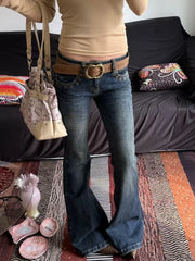 Cyflymder  Summer Jeans Women Washed Distressed Rivet Jeans American Vintage Y2K Street Style Slim Flared Draping Denim Pants Fashion