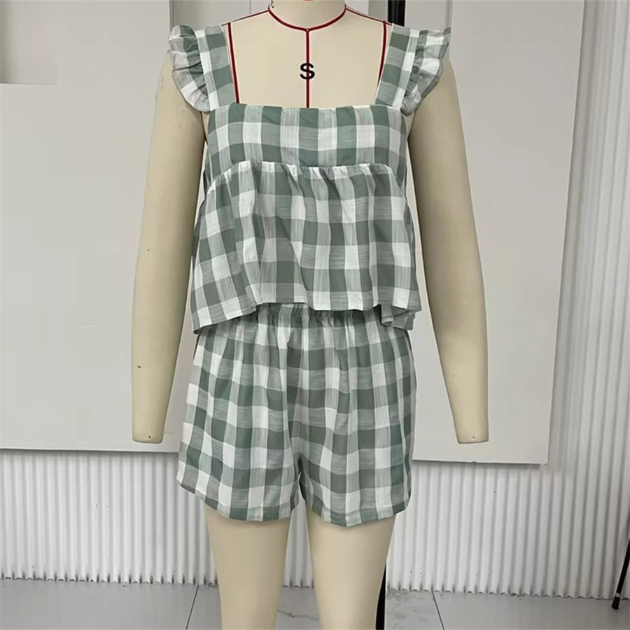 Cyflymder  Summer Plaids Two-Piece Loungewear Sets Women's Ruffles Fly Sleeve Square Neck Tank Tops and Loose Shorts Sleepwear Outfit