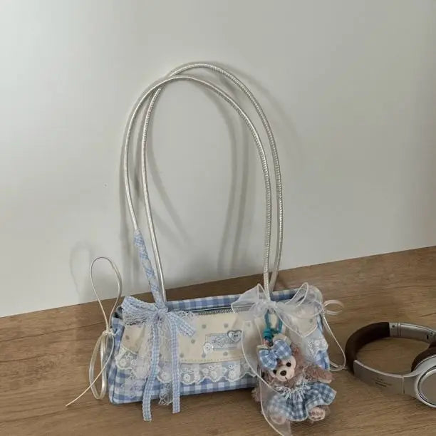 Cyflymder  Bow Plaid Blue Purse Shoulder Bag Women Fairy Core Aesthetic Trendy Silk Ribbon Chic Y2k Handbag Ladies Sweet Cute Underarm Bag