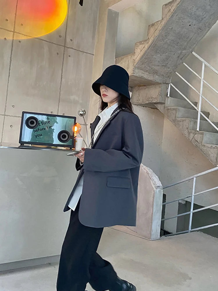 Cyflymder  Harajuku Grey Blazer Coat Women Korean Loose Single Buttons Jacket Preppy Style Casual Long Sleeve Lady Simple Spring Coat