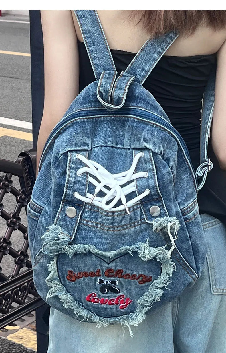 Cyflymder  Cute Pink Denim Women Backpacks Large capacity shoulder Bags Girls School Bags Embroidered letters daypacks Travel Jean Bagpack