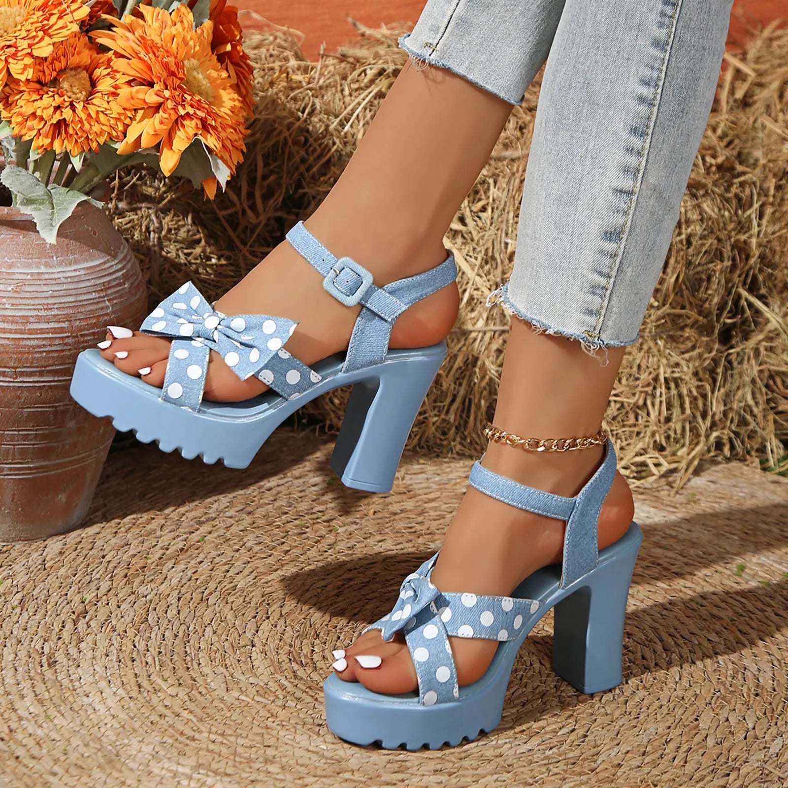 Cyflymder  Summer Tie Bow Dot Open Toe Thick Heel Round Head Banquet High Heel Sandals Fashionable Hollow Fish Mouth Casual Women's Shoes