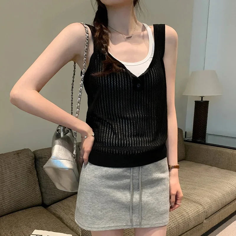 Cyflymder  Summer Elegant Design Loose Knitted Vest Women's Thin Button up Top Outerwear Short Shirt Casual Fashion Minimalist Style