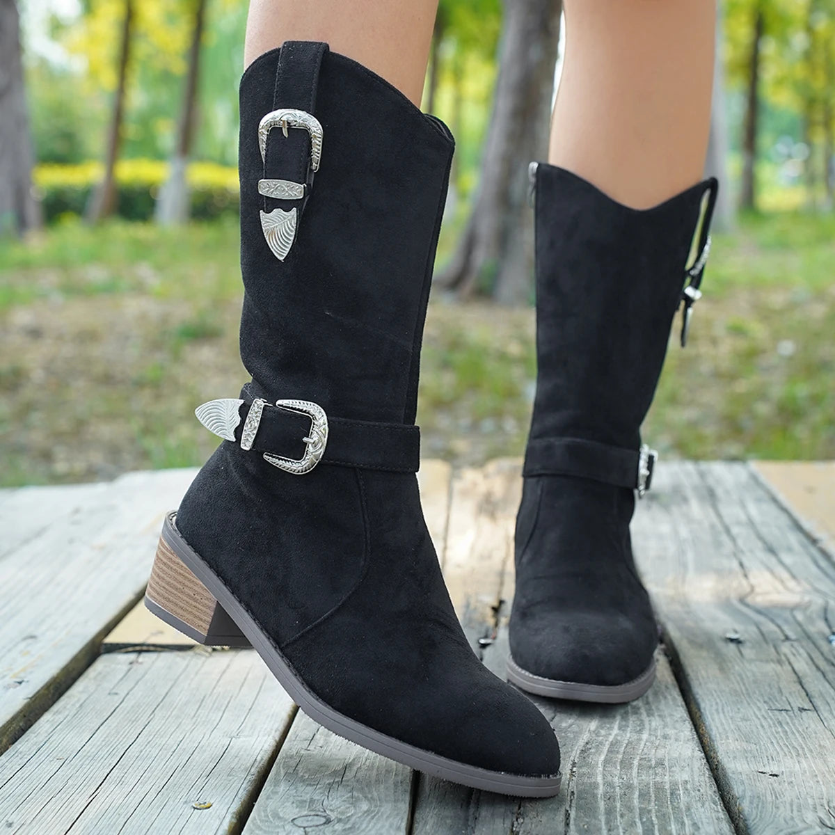 Cyflymder  Sharp pointed frosted cloth mid length boots, bimetallic buckle decorative side zipper knee length boots, plus size women's shoe