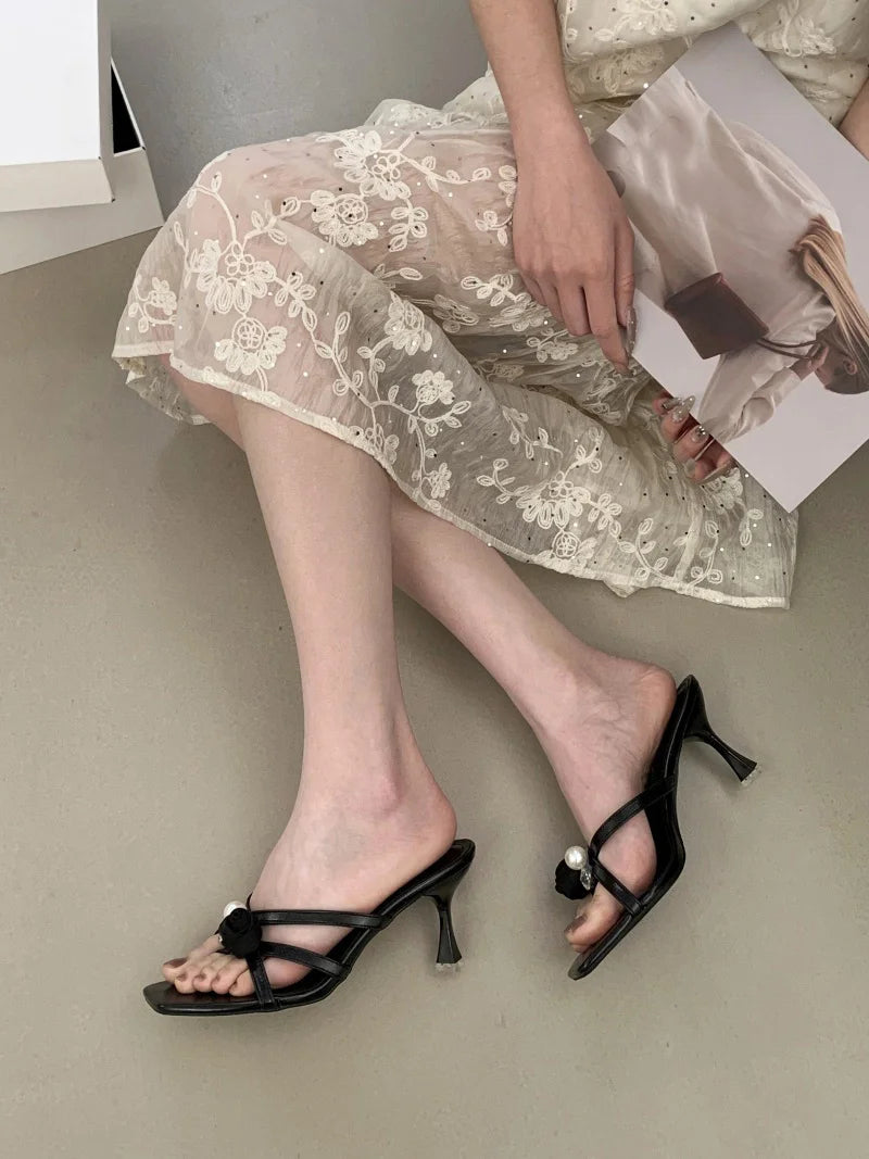 Cyflymder  Wine Red Flowers Pearl Women Slippers Sandals Fashion Square Open Toe Thin High Heels Mules Slides Summer Party Dress Shoe