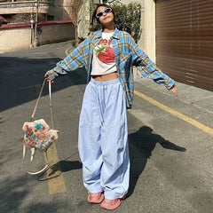 Cyflymder  Bule Striped Wide Pants Women Casual Baggy Patchwork Joggers Harajuku Oversized Korean Style Letter Embroidery Trousers