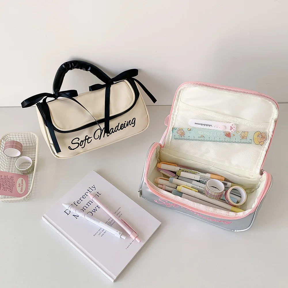 Cyflymder  Korean Fashion Casual Large Capacity Pencil Case PU Portable INS Solid Color Washing Make Up Statonery Bag Student Supplies