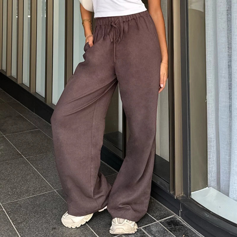 Cyflymder  Casual Loose Bandage Straight Pants Basic Elastic Low-Waisted Wide Lge Pants Women Summer Fashion Streetwear Ladies