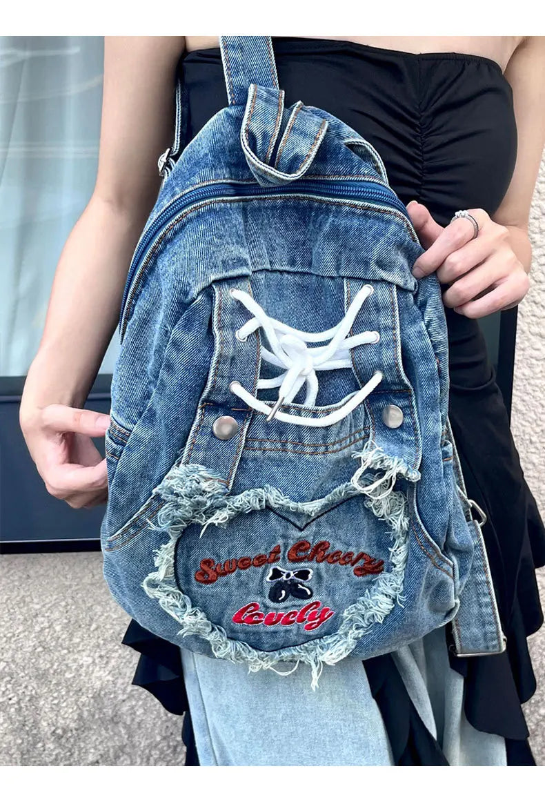 Cyflymder  Cute Pink Denim Women Backpacks Large capacity shoulder Bags Girls School Bags Embroidered letters daypacks Travel Jean Bagpack