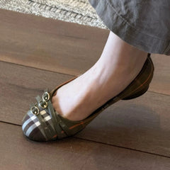 Cyflymder   summer new French retro plaid double belt buckle round toe shallow mouth single shoe versatile ballet Mary Jane shoes