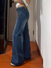 Cyflymder  Y2K Washed Denim Pants Women Low Rise Flared Jeans Bamboo Striped Elastic Non Stick Leg Slimming Retro Autumn Blue