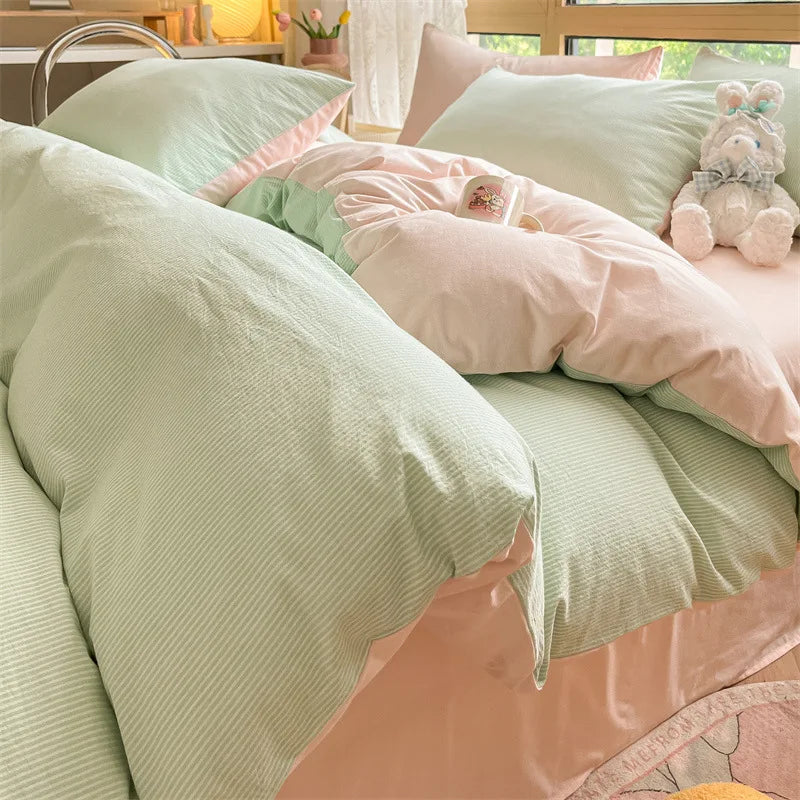 Cyflymder  Class A 100% Cotton Striped Bedding Sets Yarn Dyed Washed Cotton Breathable Duvet Cover Kit Single Bedclothes for All Seasons