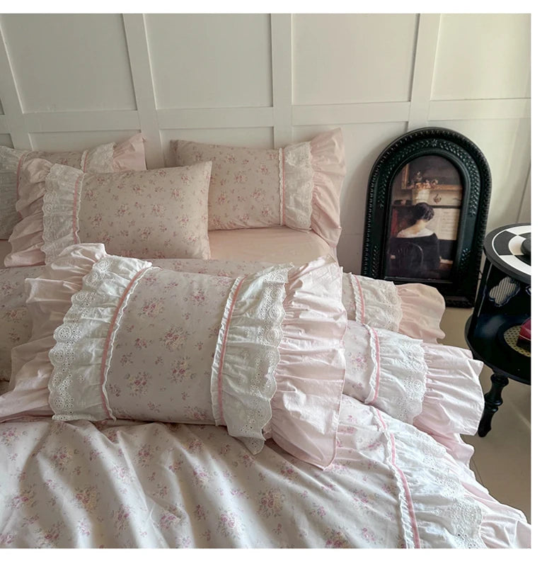 Cyflymder  Pink Floral Double Layer Lace Ruffles 100% Cotton Bedding Set Duvet Cover Set Bed Sheet/Bed Skirt/Fitted Sheet Pillowcases 4Pcs