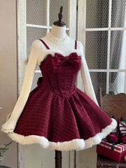 Cyflymder Christmas New Year 3 Piece Set Sweet Lolita Style Dress Sets Womens Elegant Chic Bow Plush Shawl Short Jackets Mini Skirts Suit