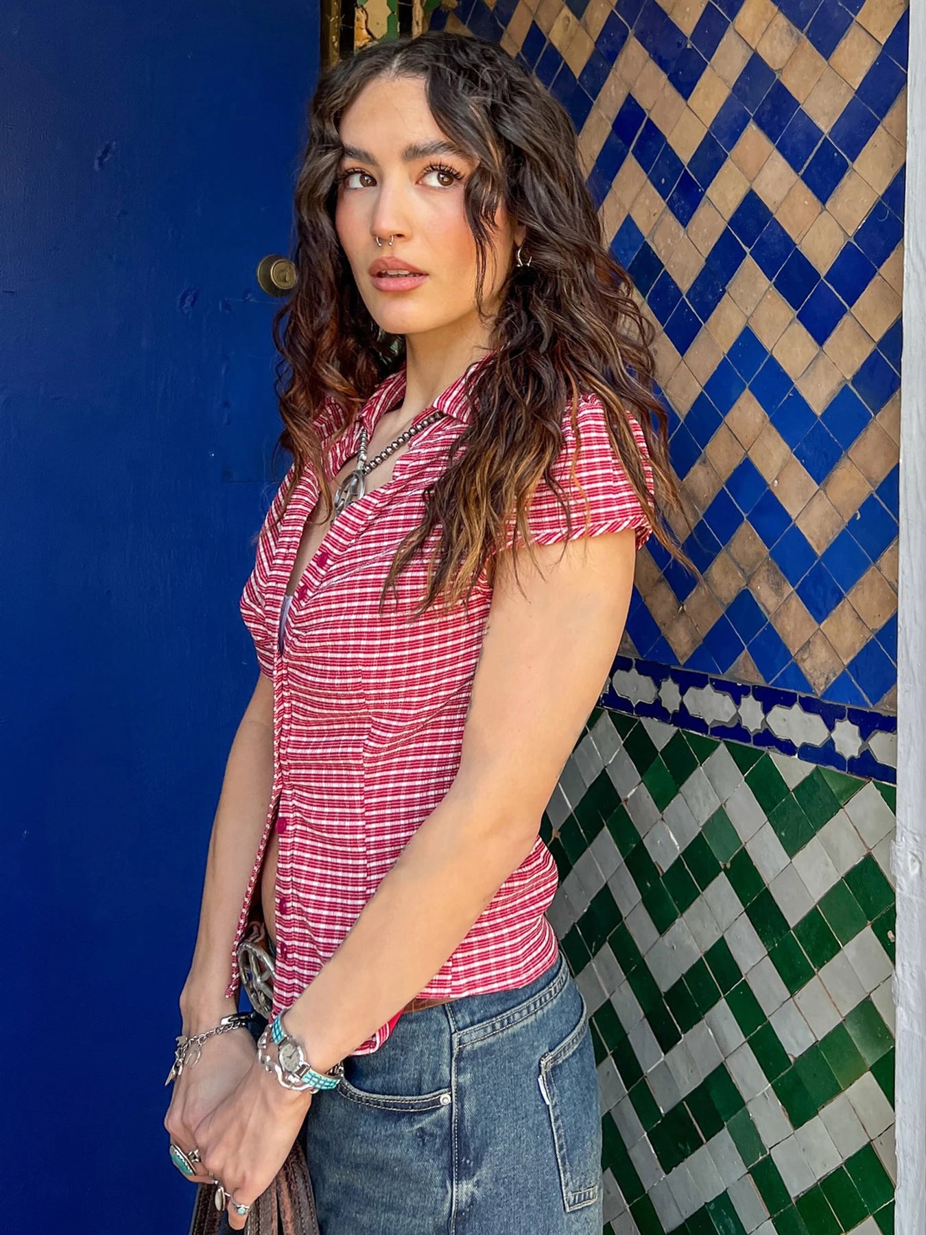 Cyflymder  American Retro Red Plaid ort Sve irt Casual Slim Fit Waist Cinching Button up Top for Young Women
