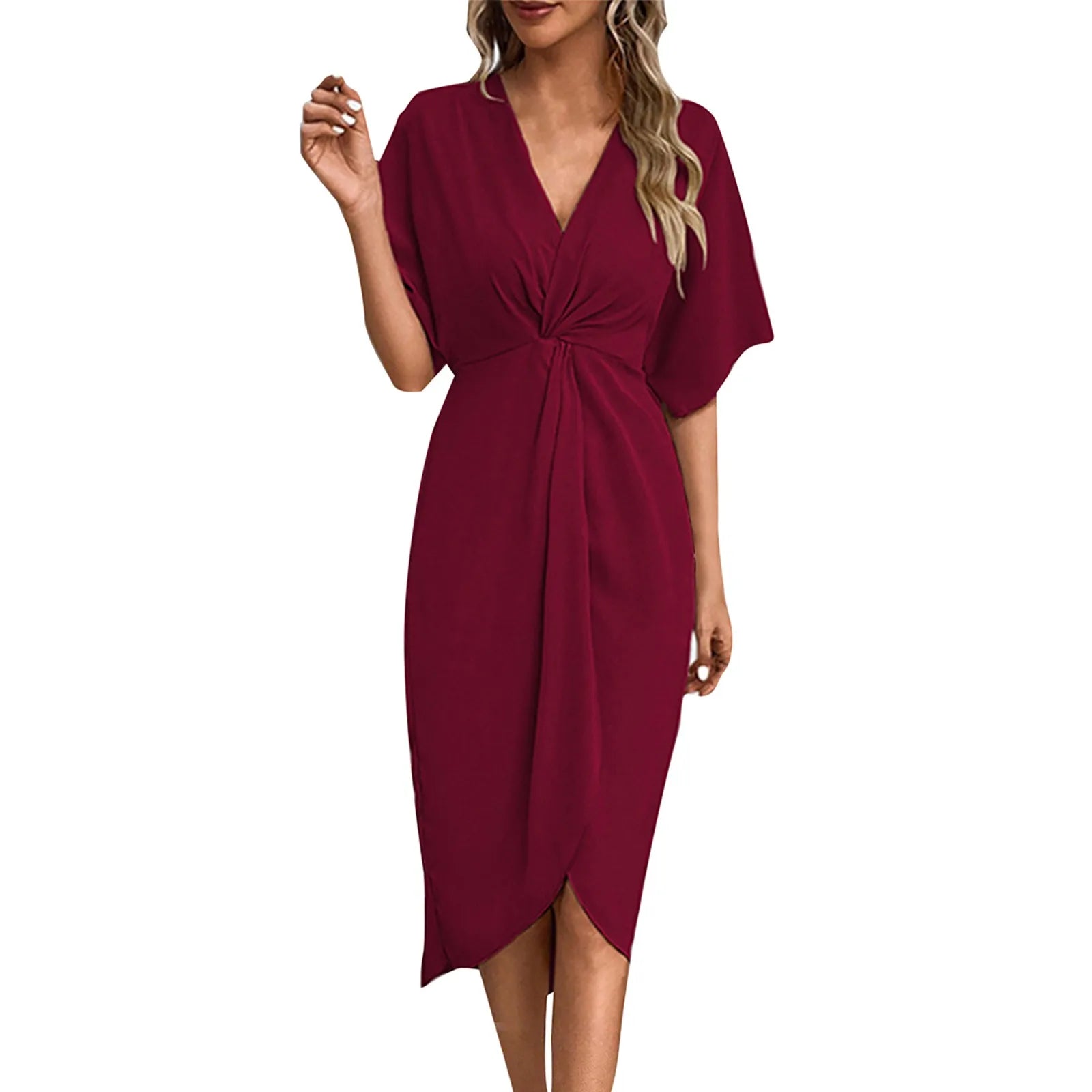 Cyflymder  V-neck Irregular Pleated Casual Temperament Short Sleeve Dresses Temperament Commuter Wrap Type Kinky V-neck Dresses ropa mujer